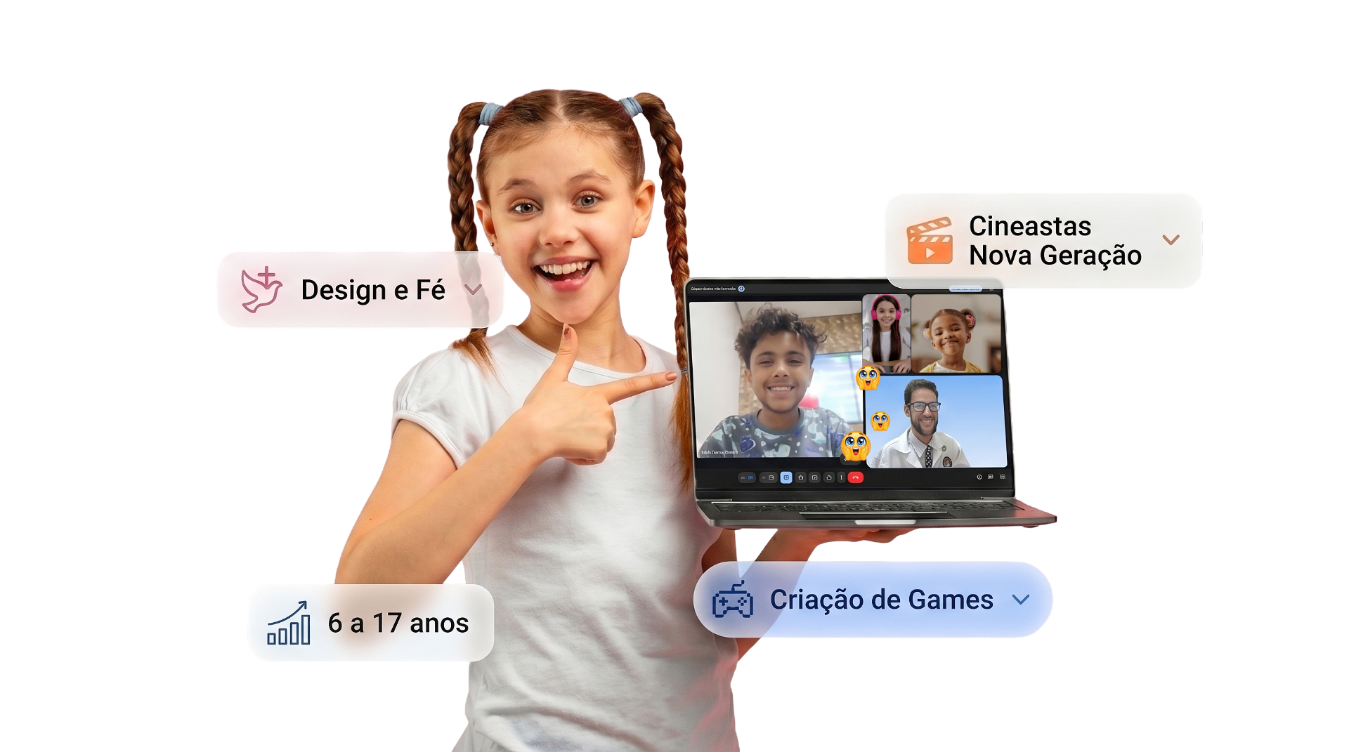 Aluna apresentando aulas online de tecnologia, design, games e cinema